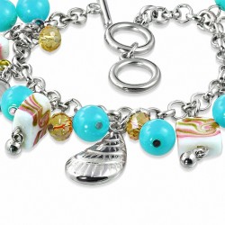 Alliage de mode fantaisie bleu perles de verre perle Rose Flower Marine Charm Bracelet Toggle