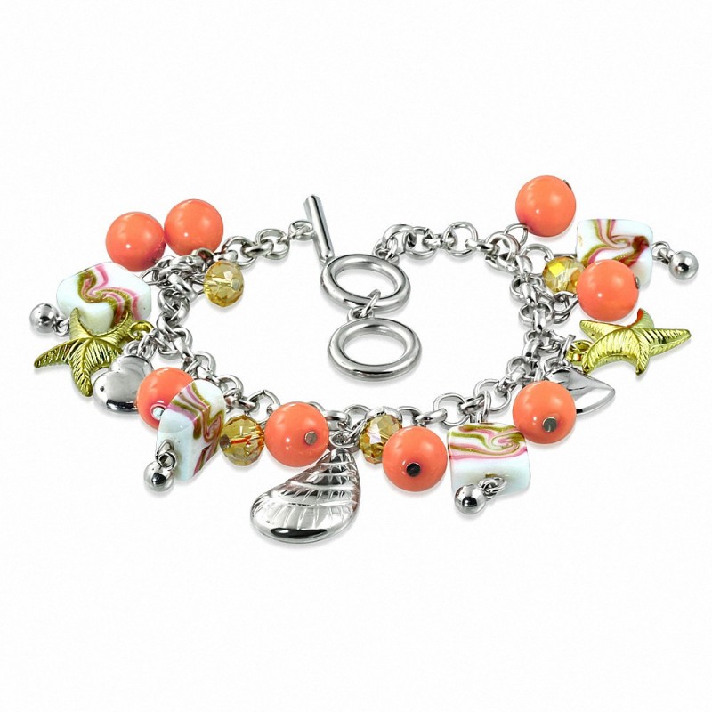 Alliage de mode fantaisie perle de verre orange rose fleur charm marin bascule Bracelet