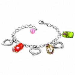 Alliage perles de verre coloré ouvert amour bracelet de chaîne de lien de charm coeur