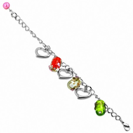 Alliage perles de verre coloré ouvert amour bracelet de chaîne de lien de charm coeur