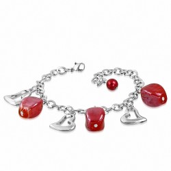Bracelet à mailles en alliage de perles de verre rouge tressé en forme de coeur