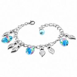 Alliage de mode bracelet en perles de verre colorées rose fleur ovale feuille lien charm bracelet