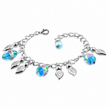 Alliage de mode bracelet en perles de verre colorées rose fleur ovale feuille lien charm bracelet