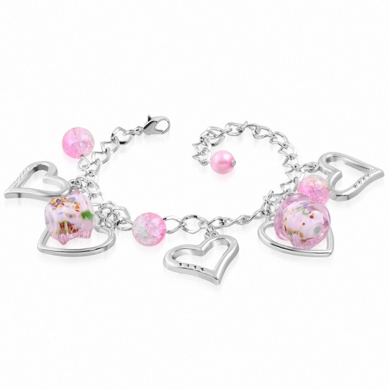 Alliage de mode rose tube de perles de verre fleur ouverte amour coeur bracelet de lien de chaîne de charm