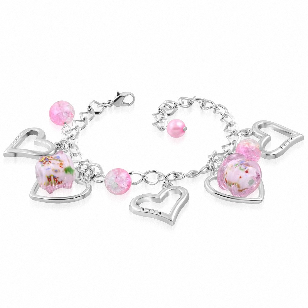 Alliage de mode rose tube de perles de verre fleur ouverte amour coeur bracelet de lien de chaîne de charm