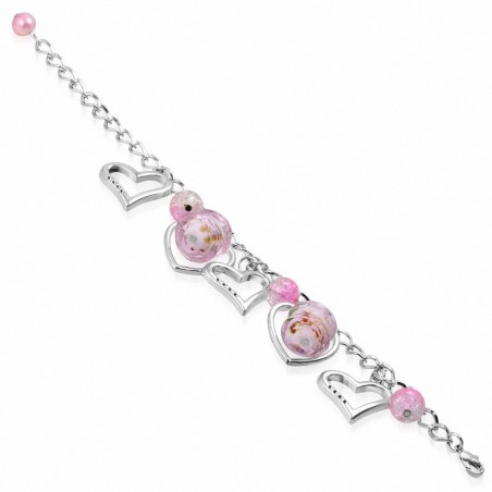 Alliage de mode rose tube de perles de verre fleur ouverte amour coeur bracelet de lien de chaîne de charm