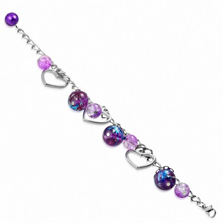 Bracelet en alliage de mode en alliage de perles de verre ovale en forme de larme avec un coeur d'amour ouvert