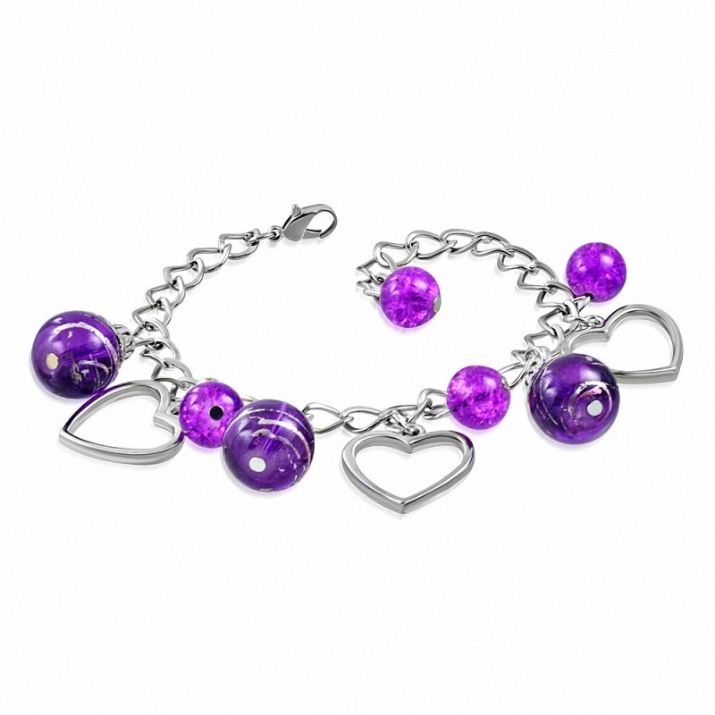 Bracelet en alliage de mode en perles de verre en forme de larme avec un maillon ouvert avec maillons en forme de cœur