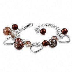 Alliage de mode brun perle de verre perle en forme de larme ouvert bracelet de lien de charm d'amour de coeur