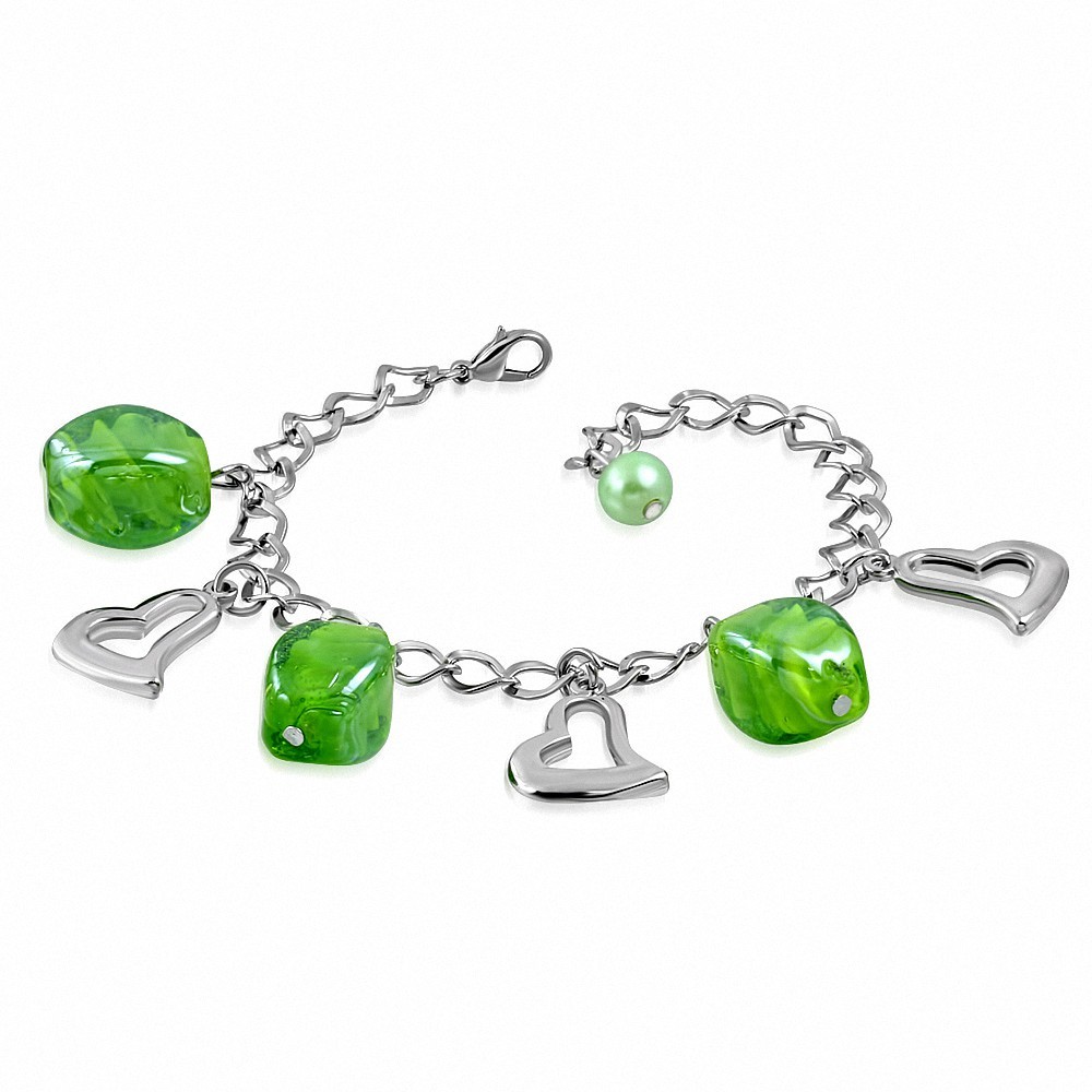 Bracelet en alliage de perles de verre vert ovale ouvert avec pendentif coeur ouvert