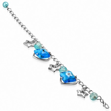 Bracelet en alliage à la mode en forme de fleur avec perle de verre carrée ouverte avec un coeur et un coeur