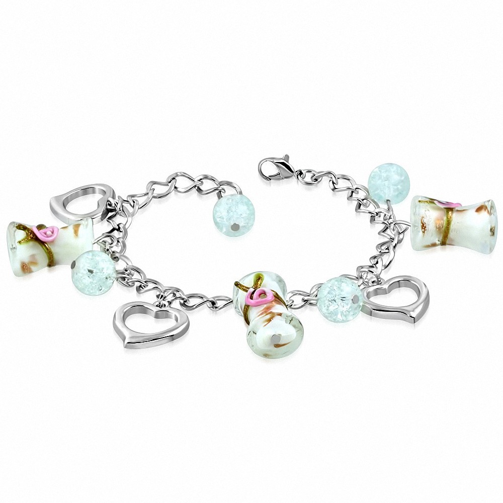 Alliage de mode Rose Fleur Perle De Verre Tambour Ouvert Amour cœur Charm Lien Chaîne Bracelet