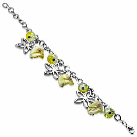 Bracelet en alliage de mode avec perles de verre et fleurs et liens de charm