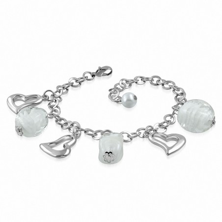 Bracelet en alliage de perles de verre fantaisie en forme de coeur ovale avec coeur ouvert