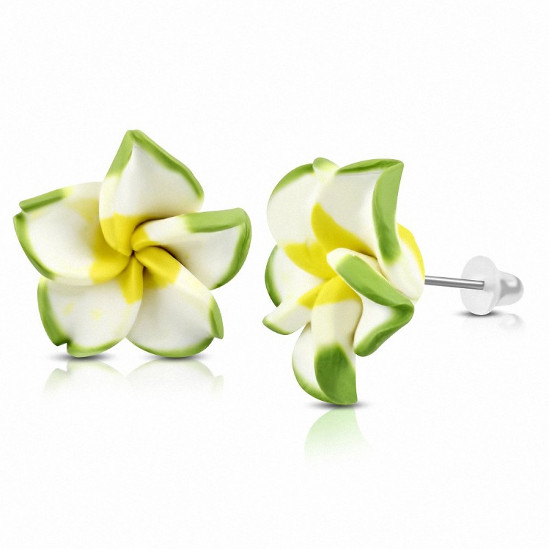 15mm | Boucles d'oreilles à la mode en forme de fleur de Fimo / Polymère avec Plumeria (paire) - FEO013