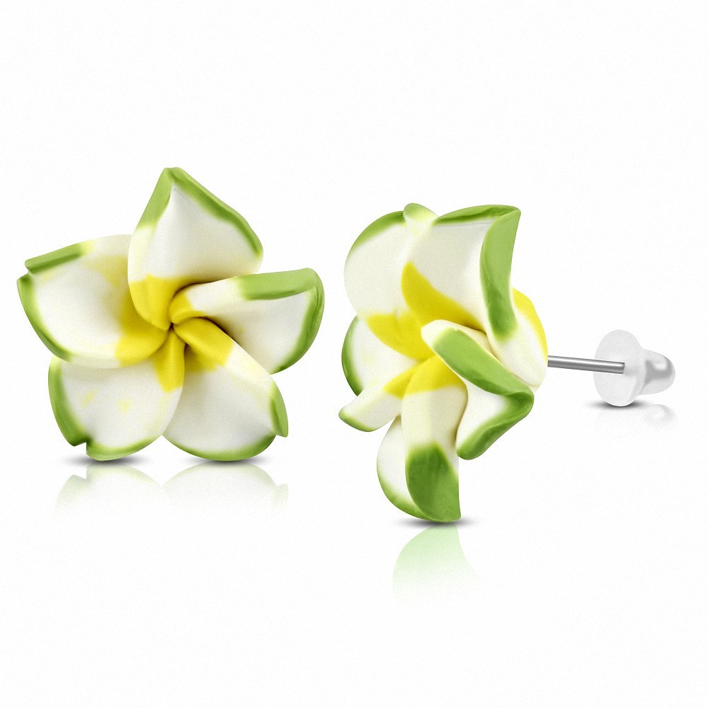 15mm | Boucles d'oreilles à la mode en forme de fleur de Fimo / Polymère avec Plumeria (paire) - FEO013