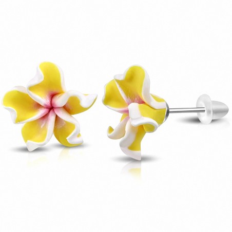 15mm | Boucles d'oreilles à la mode en forme de fleur de Fimo / Polymère avec Plumeria (paire) - FEO027