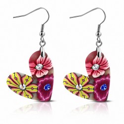 Boucles d'oreilles avec crochet en alliage de fimo / argile polymère à motif de fleurs et de cœurs colorés (paire) - FEM063