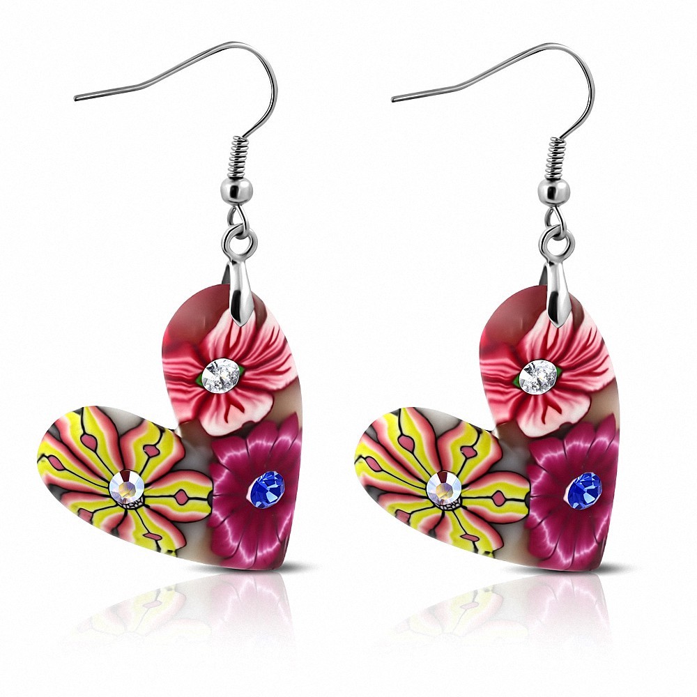 Boucles d'oreilles avec crochet en alliage de fimo / argile polymère à motif de fleurs et de cœurs colorés (paire) - FEM063