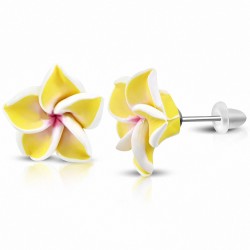 16mm | Boucles d'oreilles à la mode en forme de fleur de Fimo / Polymère avec Plumeria (paire) - FEO050