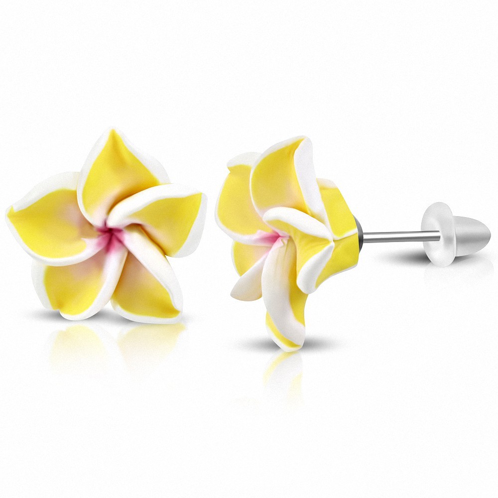 16mm | Boucles d'oreilles à la mode en forme de fleur de Fimo / Polymère avec Plumeria (paire) - FEO050
