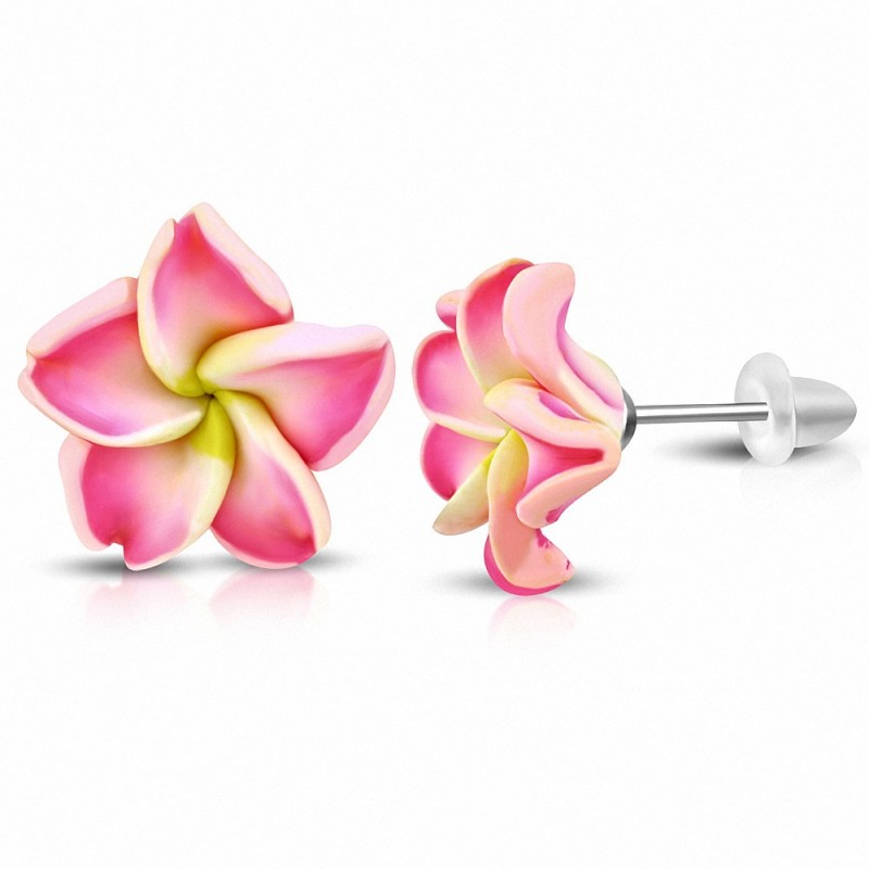 16mm | Boucles d'oreilles à la mode en forme de fleur de Fimo / Polymère avec Plumeria (paire) - FEO051