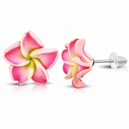 16mm | Boucles d'oreilles à la mode en forme de fleur de Fimo / Polymère avec Plumeria (paire) - FEO051