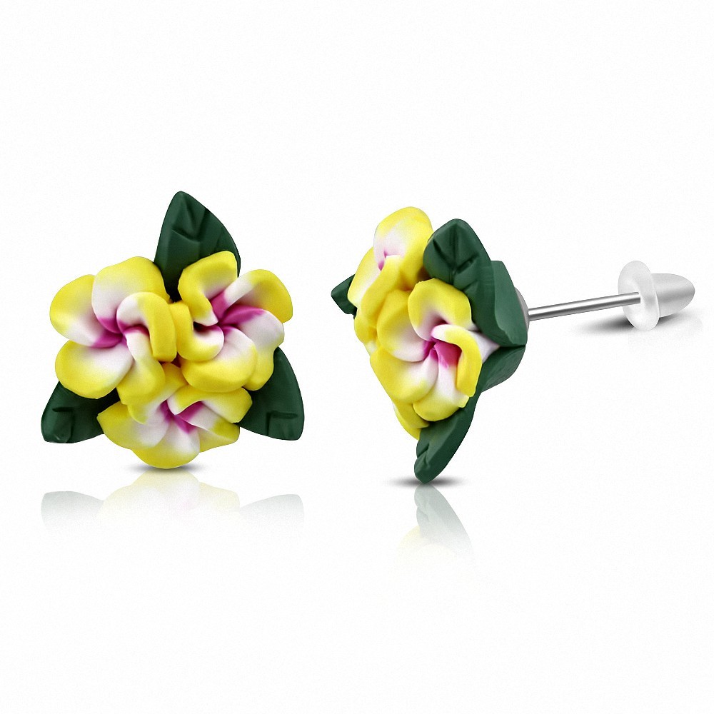 Boucles d'oreilles à la mode en forme de fleur de Fimo / Polymère avec Plumeria (paire) - FEM138