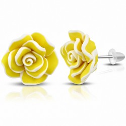 Boucles d'oreilles à la mode en fimo / pâte polymère avec rose jaune (paire)