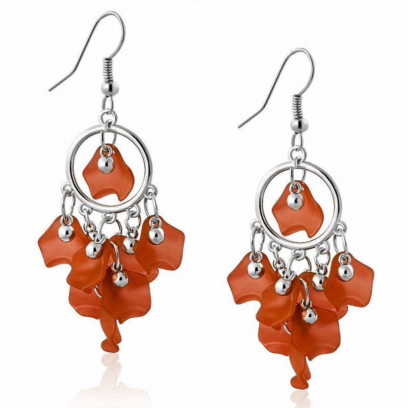 Boucles d'oreilles pendantes avec crochet long en alliage orange et perle de bohème (paire)