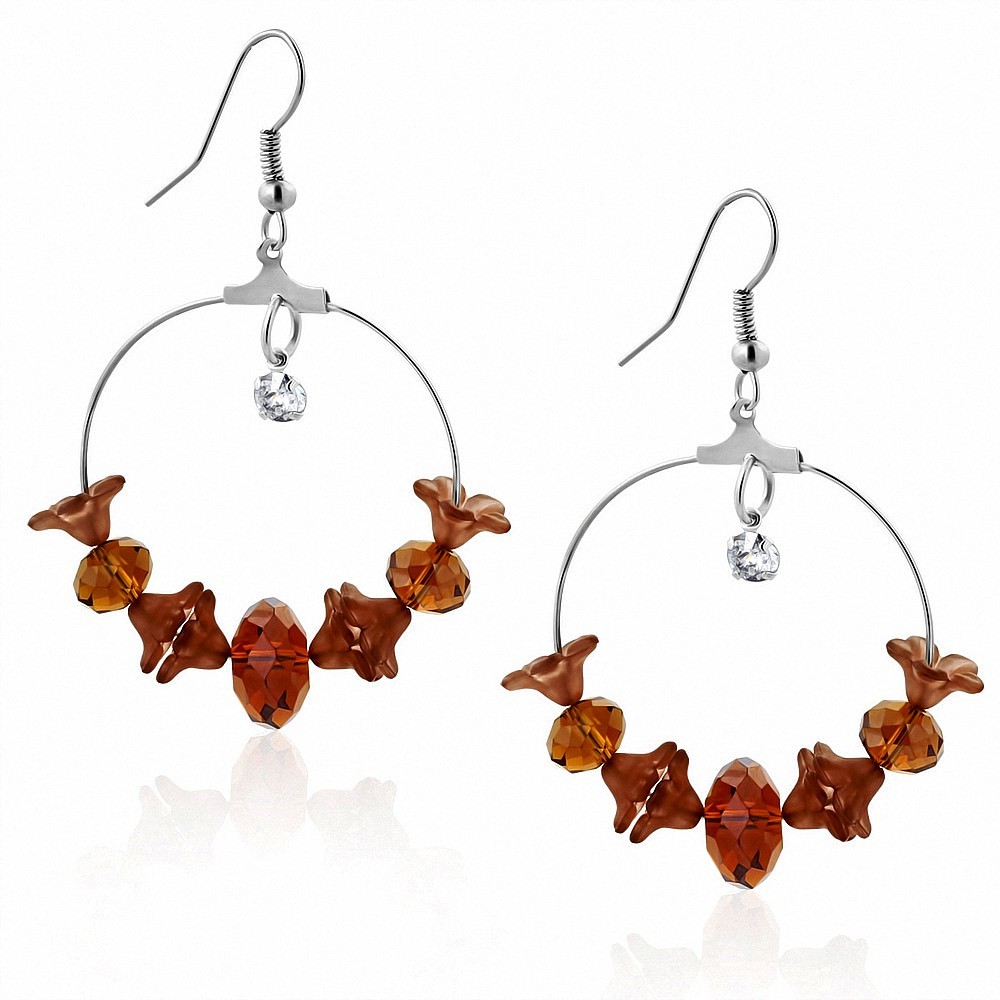 Boucles d'oreilles avec crochet en bohème et perles fantaisie en alliage de fleurs marron clair avec CZ clair (paire)