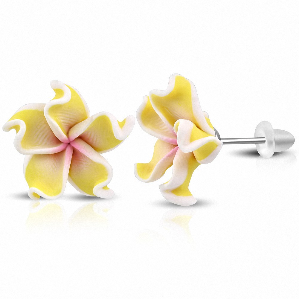 15mm | Boucles d'oreilles à la mode en forme de fleur de Fimo / Polymère avec Plumeria (paire) - FEO073