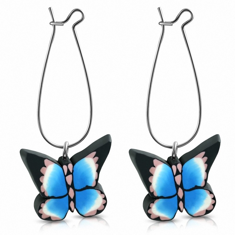 Boucles d'oreilles pendantes en forme de papillon multicolore en alliage fashion avec fimo / argile polymère (paire)