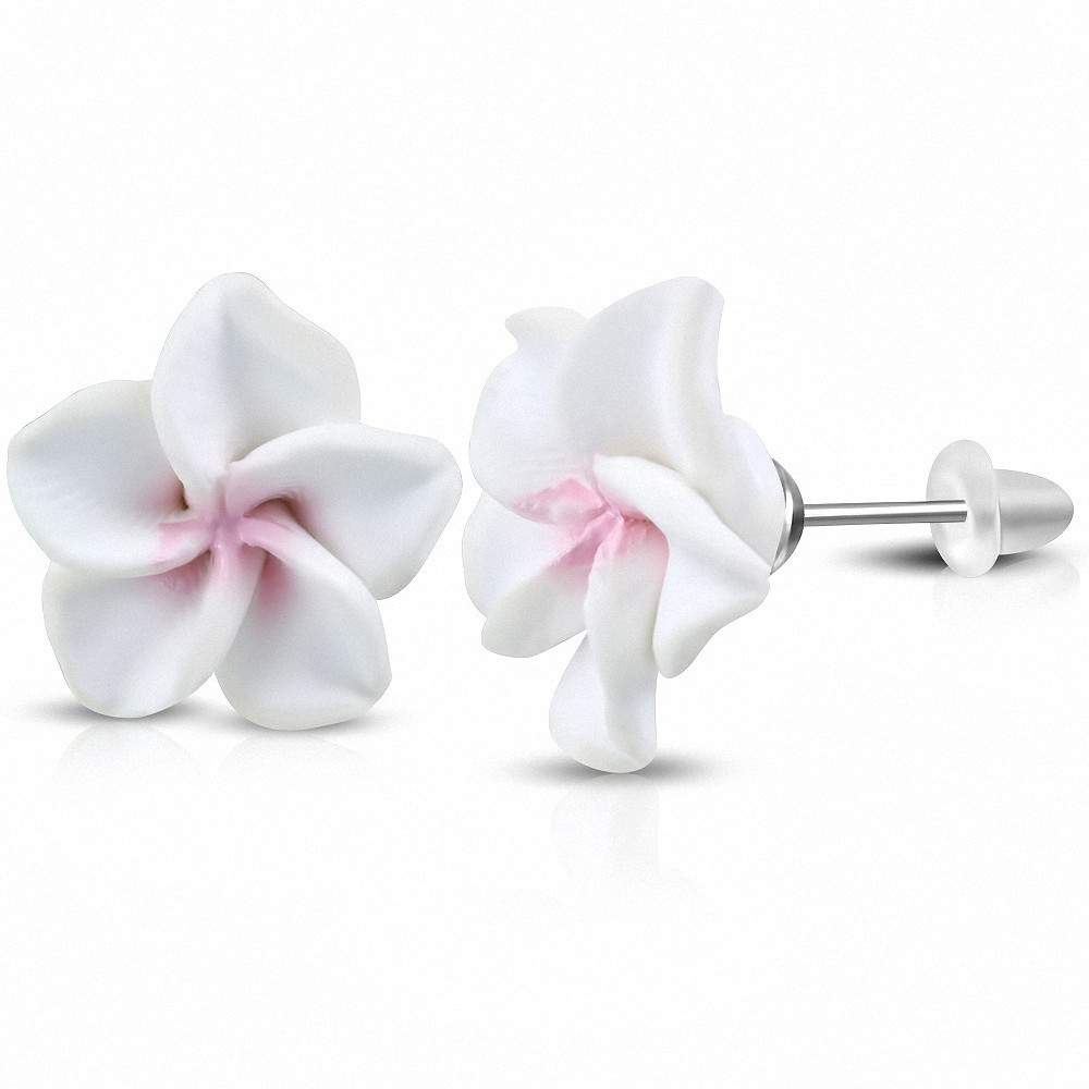 15mm | Boucles d'oreilles à la mode en forme de fleur de Fimo / Polymère avec Plumeria (paire) - FEO080