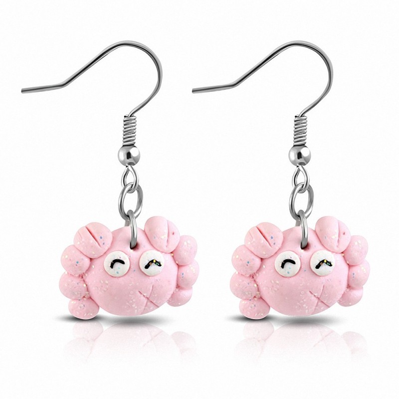 Mode alliage fimo / argile polymère souriant boucles d'oreilles crochet long crabe rose (paire)