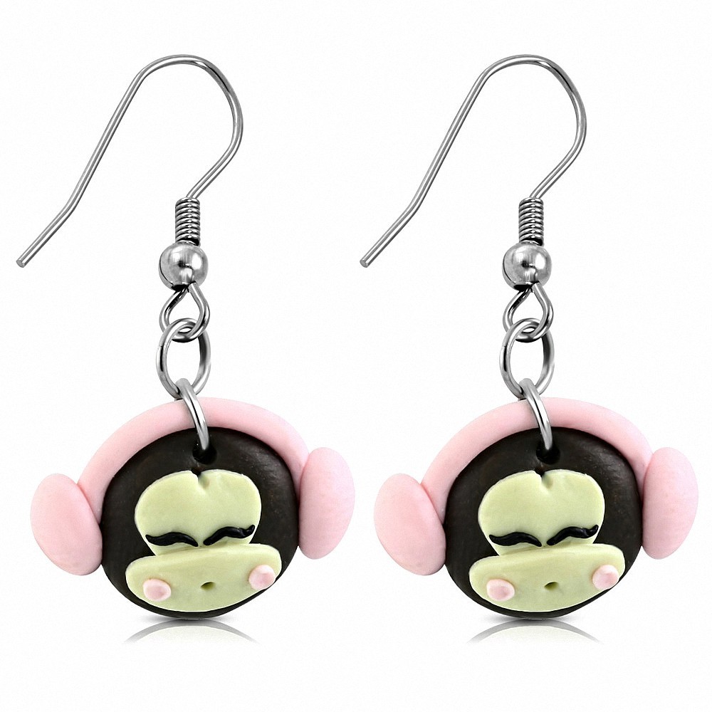 Alliage de mode en alliage Fimo / Polymer Happy Monkey avec écouteurs roses Longue boucle d'oreille en crochet (paire)