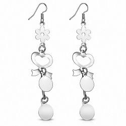 Alliage de mode fleur ouverte coeur d'amour coeur ruban ruban Disc Charm Long Drop Drop boucles d'oreilles (paire)