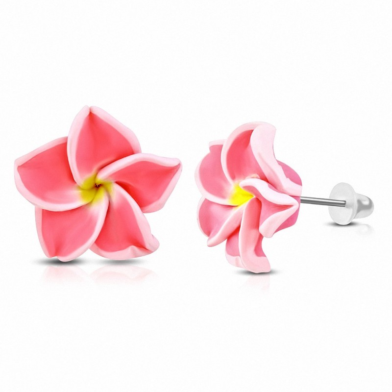16mm | Boucles d'oreilles à la mode en forme de fleur de Fimo / Polymère avec Plumeria (paire) - FEM364