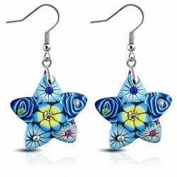 Boucles d'oreilles en alliage fimo / argile polymère fleur rose étoile avec crochet en forme de coeur avec coloris CZ (paire)