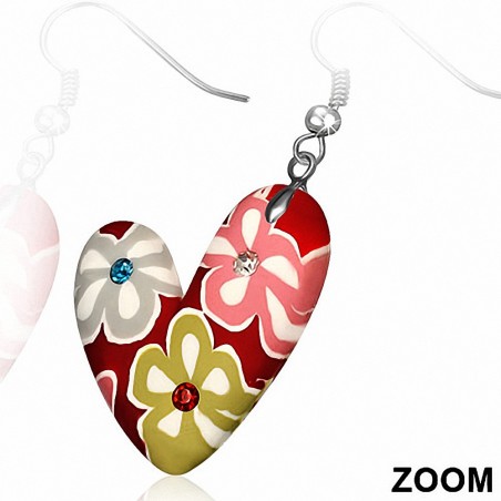 Boucles d'oreilles en alliage de fimo / argile polymère en forme de coeur fleur avec crochet en zirconium coloré (paire)