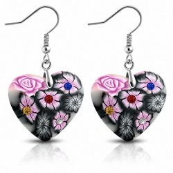 Mode alliage fimo / argile polymère amour coeur rose fleur long crochet boucles d'oreilles  coloré cz (paire)