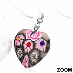 Mode alliage fimo / argile polymère amour coeur rose fleur long crochet boucles d'oreilles  coloré cz (paire)