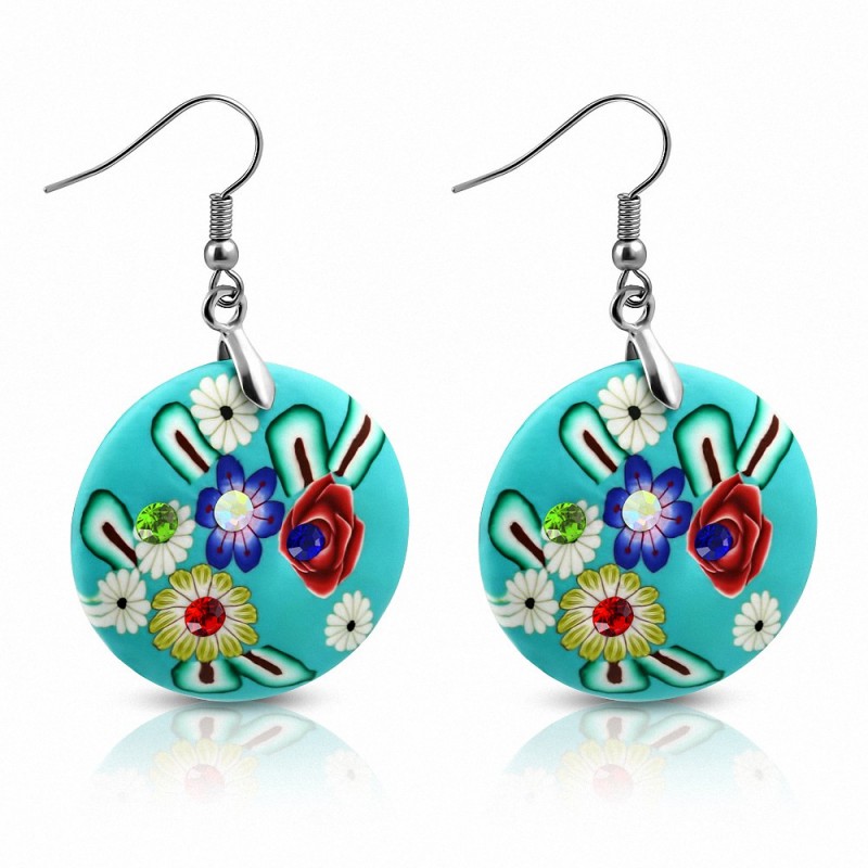 Boucles d'oreilles en alliage fimo / polymère en argile rose avec un cercle de fleurs  multicolores (paire)