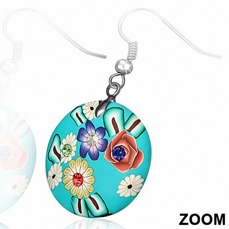 Boucles d'oreilles en alliage fimo / polymère en argile rose avec un cercle de fleurs  multicolores (paire)