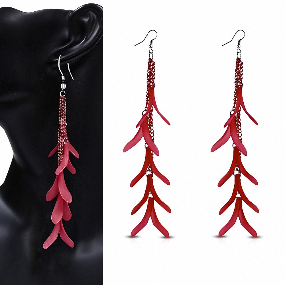 Alliage & Résine Rouge Fantaisie Feuilles Long Drop Slinky Hook Boucles d'oreilles (paire)