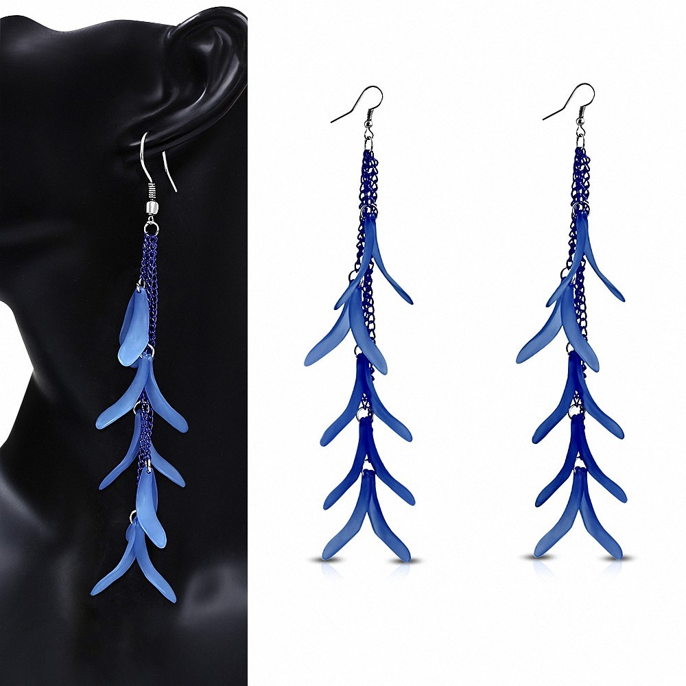 Alliage & Résine Bleu Fantaisie Feuilles Long Drop Slinky Hook Boucles d'oreilles (paire)