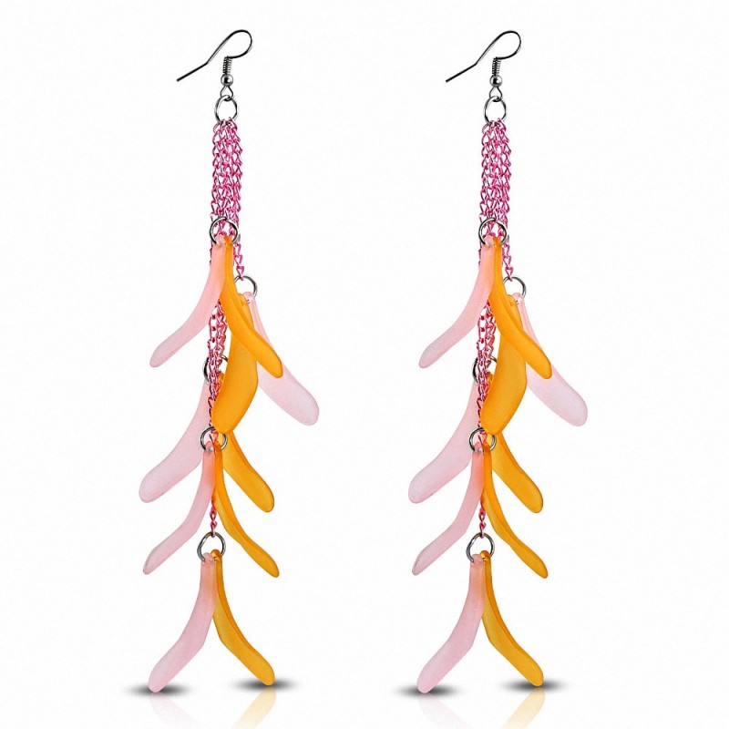 Alliage Fashion & Résine Rose & Orange Fantaisie Feuilles Long Drop Slinky Hook Boucles d'oreilles (paire)