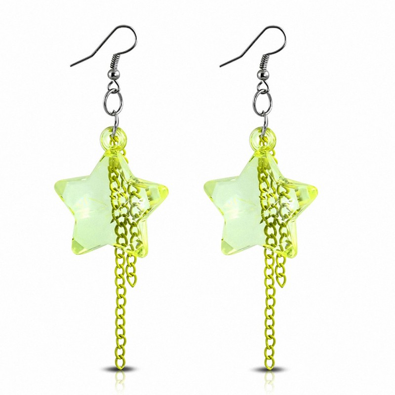 Boucles d'oreilles à crochets longs en alliage et verre jaune et étoiles jaunes (paire)