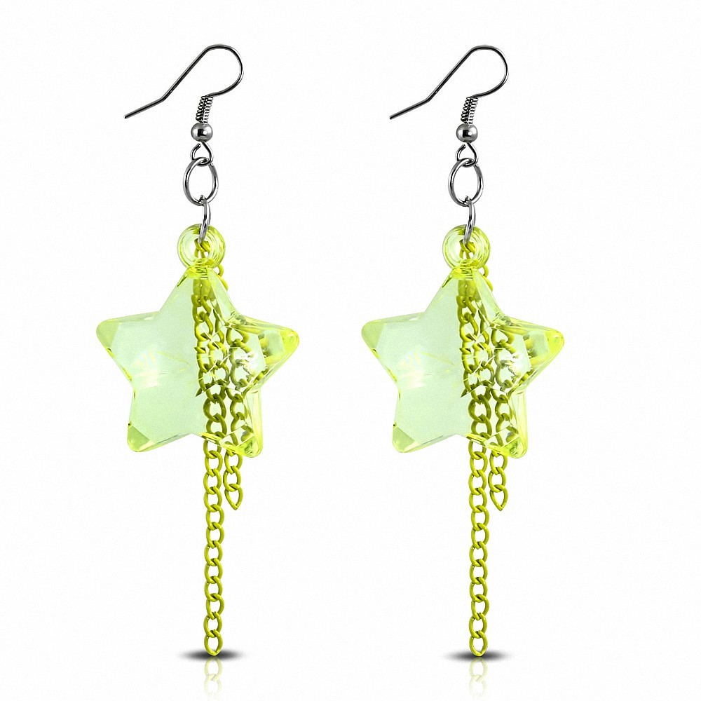 Boucles d'oreilles à crochets longs en alliage et verre jaune et étoiles jaunes (paire)