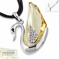 Alliage avec placage à l'or blanc et collier de cordon avec cordon en forme de larme à facettes et cygne avec cristaux